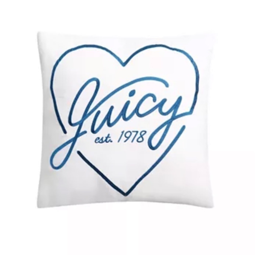 JUICY Couture Heart Throw Pillow White With Blue Embroidery 16" X 16" New Unused